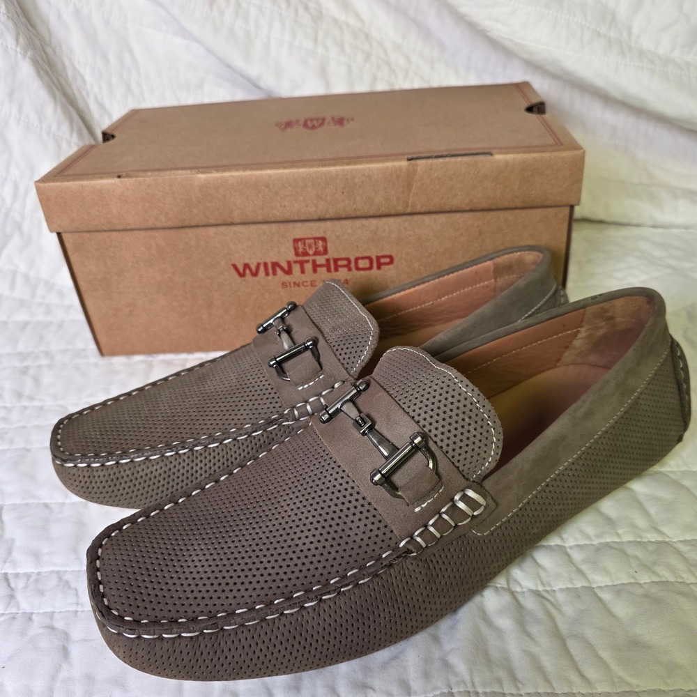 Winthrop Naples Bit Driving Loafers Grey Taupe Nubuck Perf Leather Mens 10.5 New